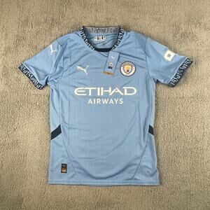 PUMA Men's Small Blue MCFC Polyester Elastane Crew Neck Short Sleeve Home Jersey